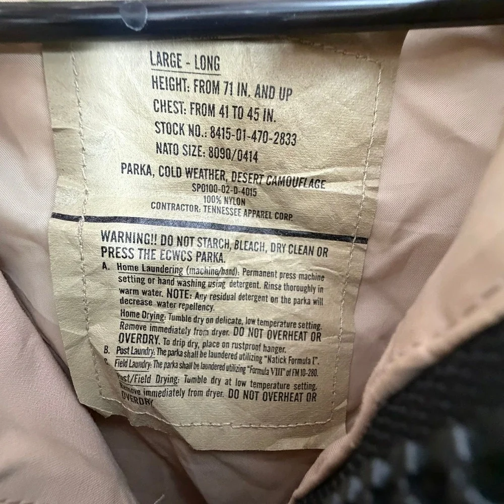 US Military DCU Goretex Cold Weather All Purpose Desert Wet Wind Size Large-Long
